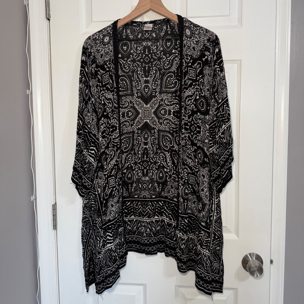 Bila Womens Black White Paisley Open Front Kimono Cardigan Rayon Size M/L